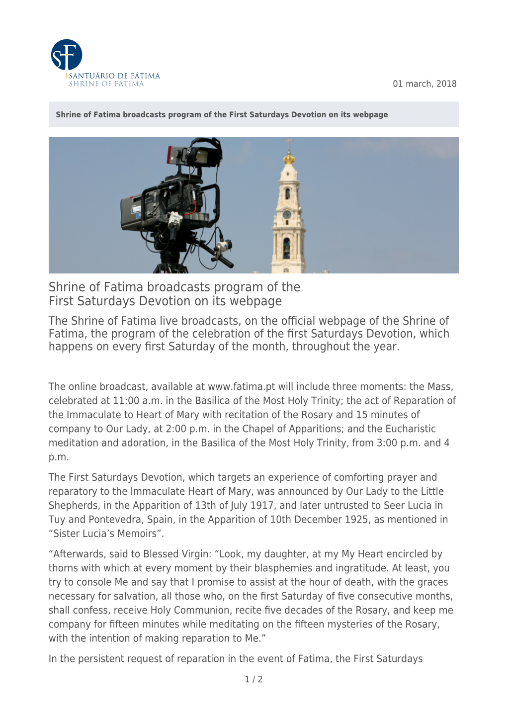 Shrine of Fatima Broadcasts Program of the First Saturdays Devotion on Its Webpage