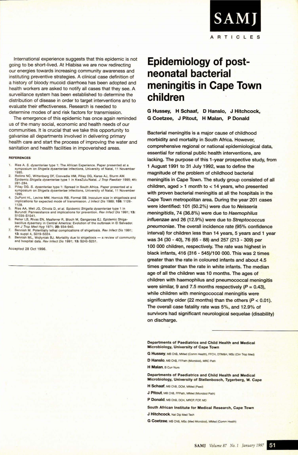 Neonatal Bacterial Meningitis in Cape Town Children