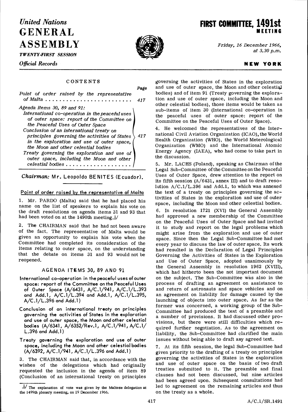 General Assembly Had Been Voted on at the 1490Th Meeting.Y Had Approved a New Membership of the Committee on the Peaceful Uses of Outer Space and Had Invited 2