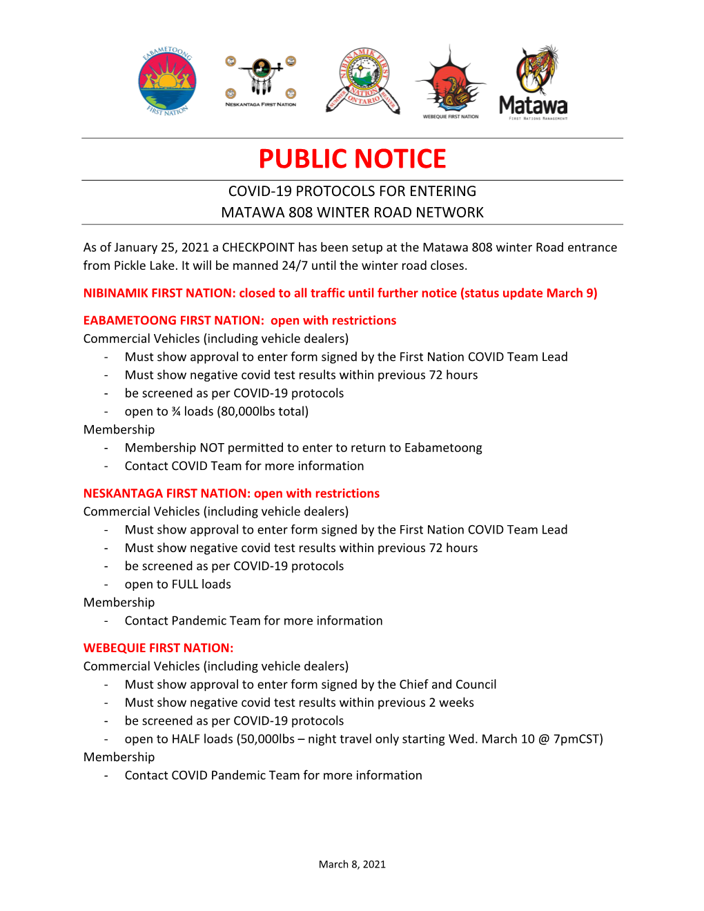Public Notice Covid-19 Protocols for Entering Matawa 808 Winter Road Network