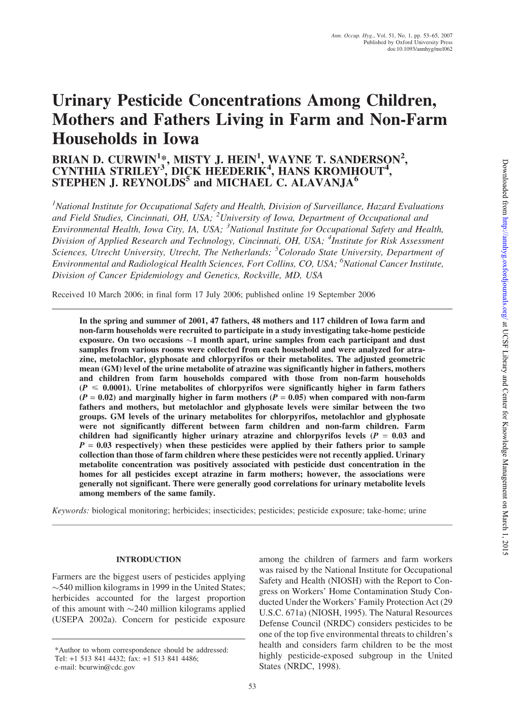 Urinary Pesticide Concentrations Among Children, Mothers and Fathers Living in Farm and Non-Farm Households in Iowa