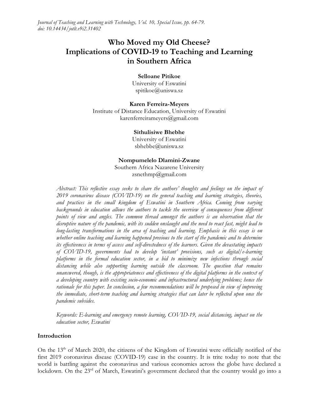 Implications of COVID-19 to Teaching and Learning in Southern Africa