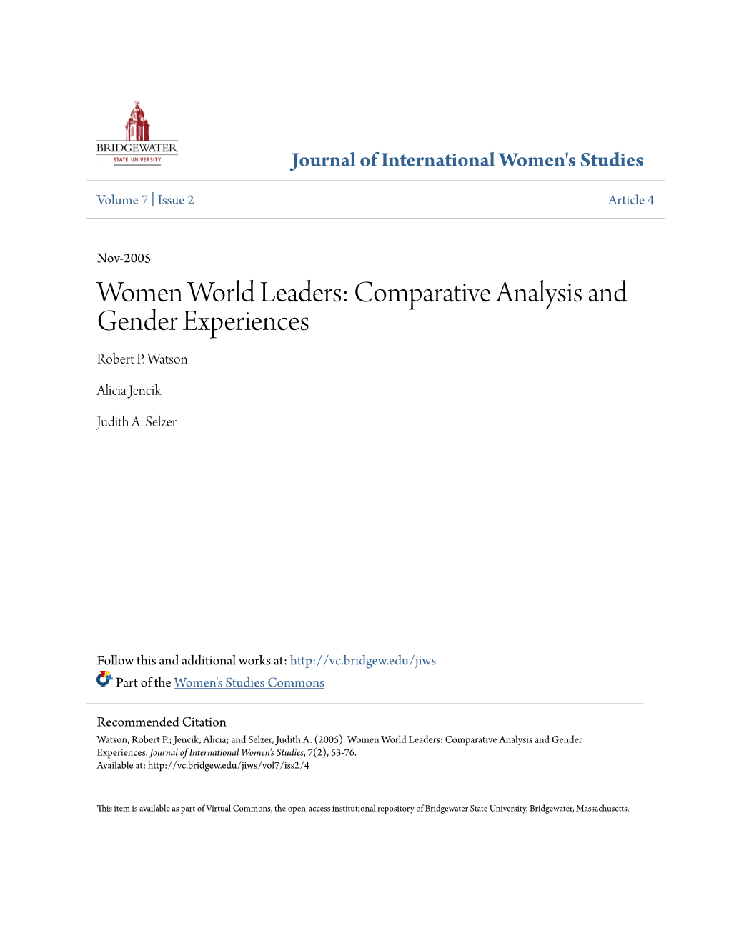 Women World Leaders: Comparative Analysis and Gender Experiences Robert P