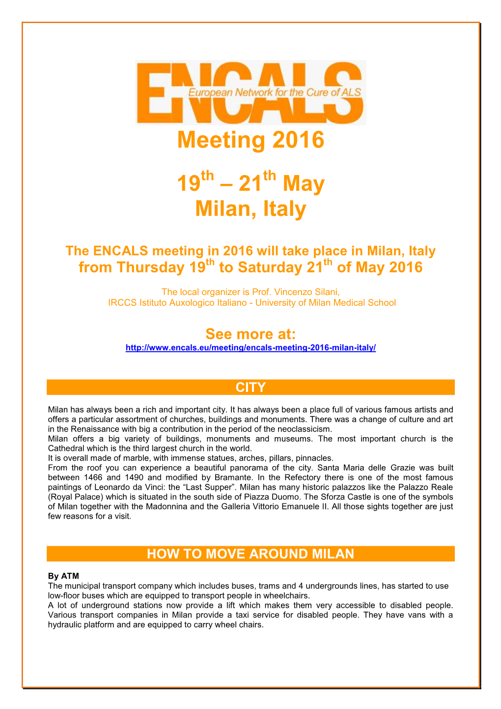 GENERAL INFORMATION ENCALS Meeting 2016 Milan