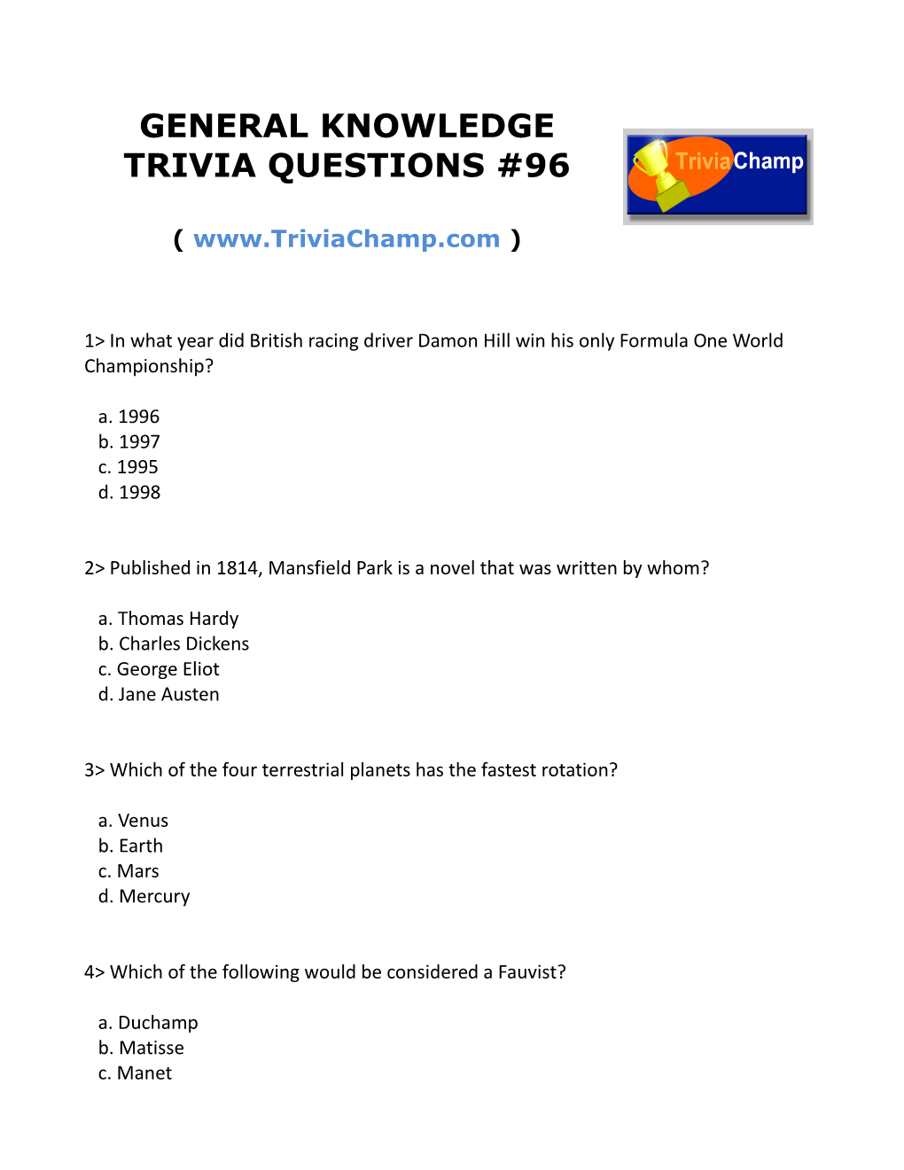 General Knowledge Trivia Questions #96