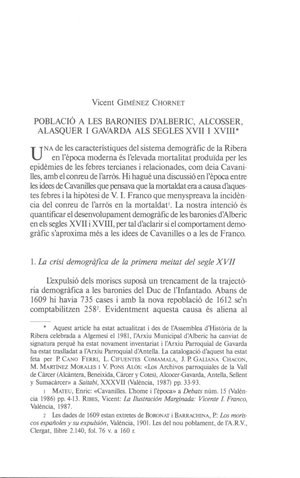 Població a Les Baronies D'alberic, Alcosser, Alasquer 1 Gavarda Als Segles Xvii 1 Xviii*