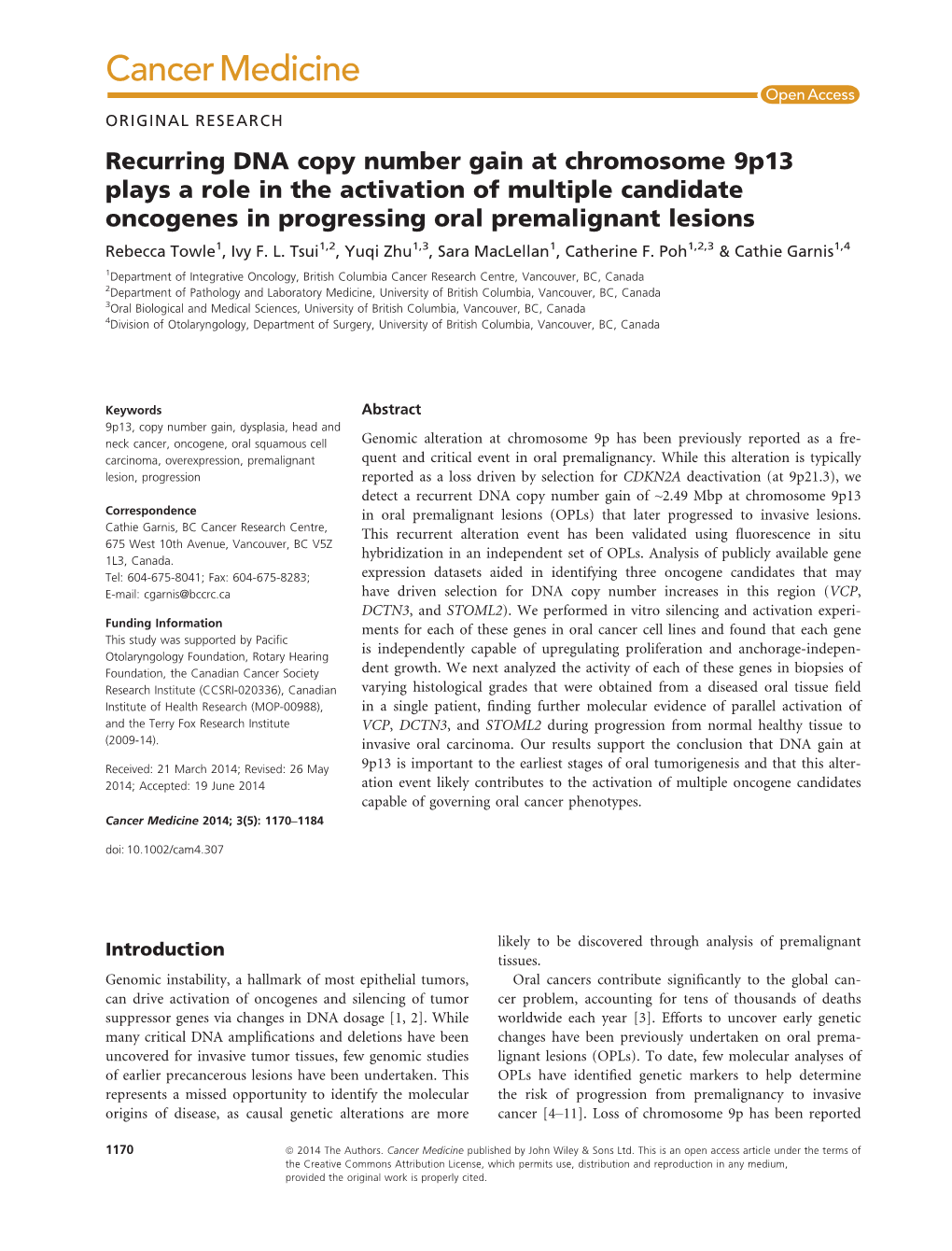 Recurring DNA Copy Number Gain at Chromosome 9P13 Plays a Role In