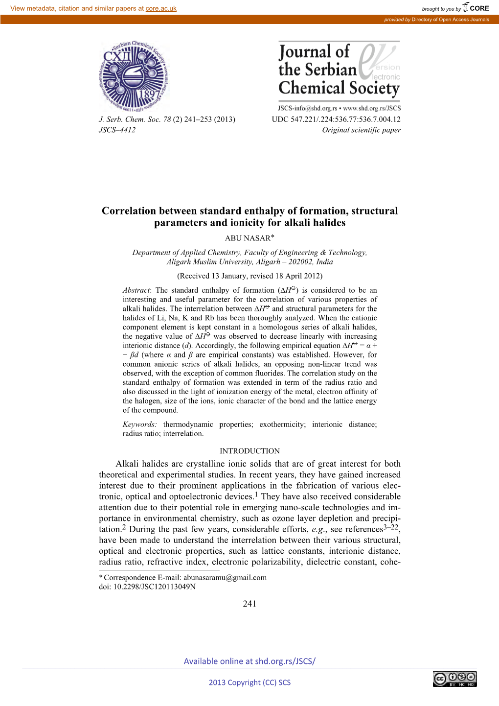 Correlation Between Standard Enthalpy of Formation, Structural