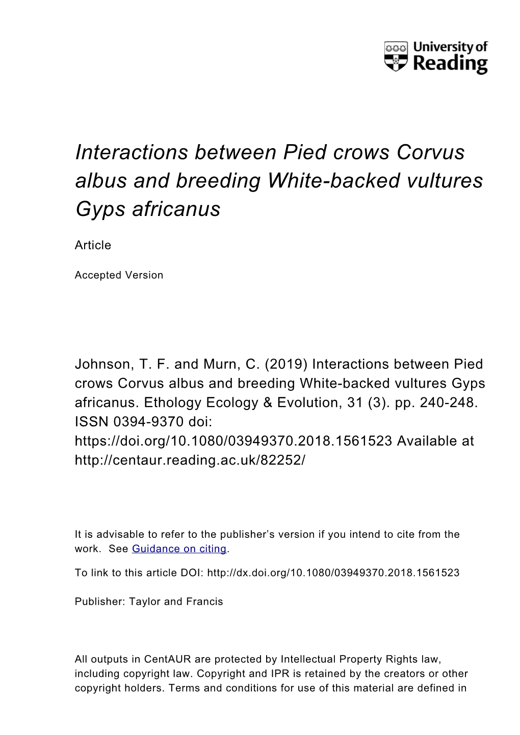 Interactions Between Pied Crows Corvus Albus and Breeding White-Backed Vultures Gyps Africanus