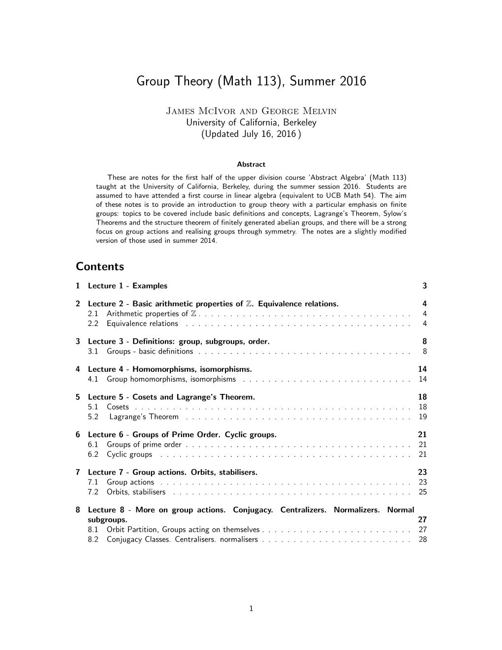 Group Theory (Math 113), Summer 2016