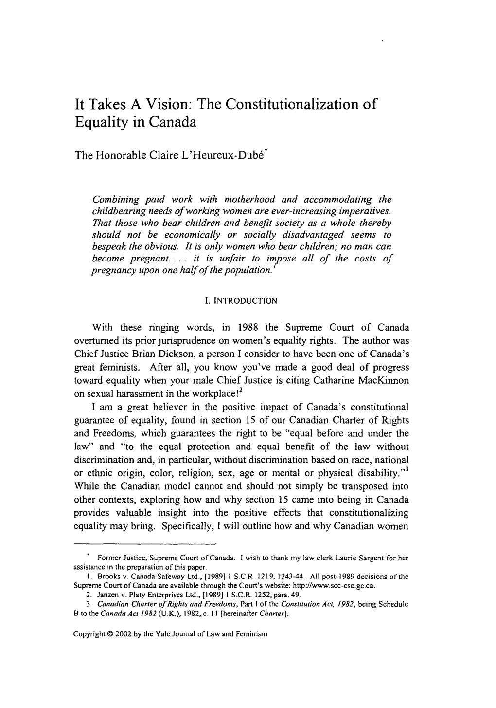 The Constitutionalization of Equality in Canada
