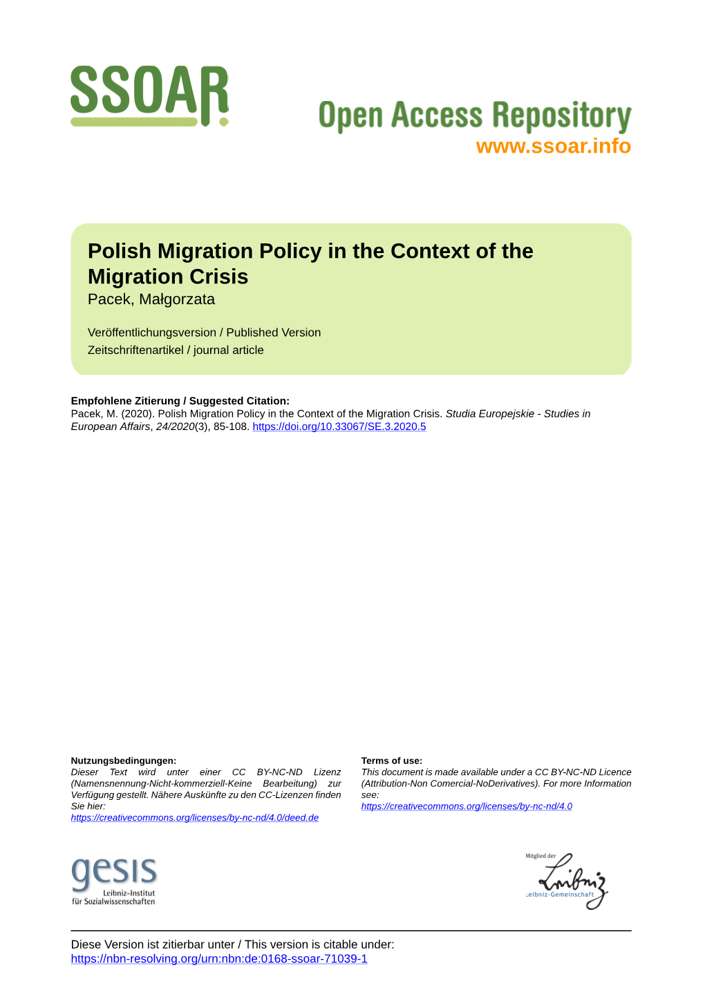 Polish Migration Policy in the Context of the Migration Crisis Pacek, Małgorzata