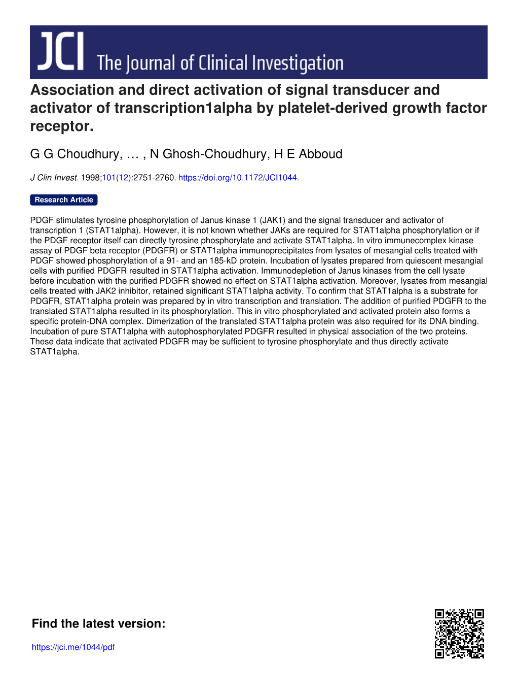 Association and Direct Activation of Signal Transducer and Activator of Transcription1alpha by Platelet-Derived Growth Factor Receptor