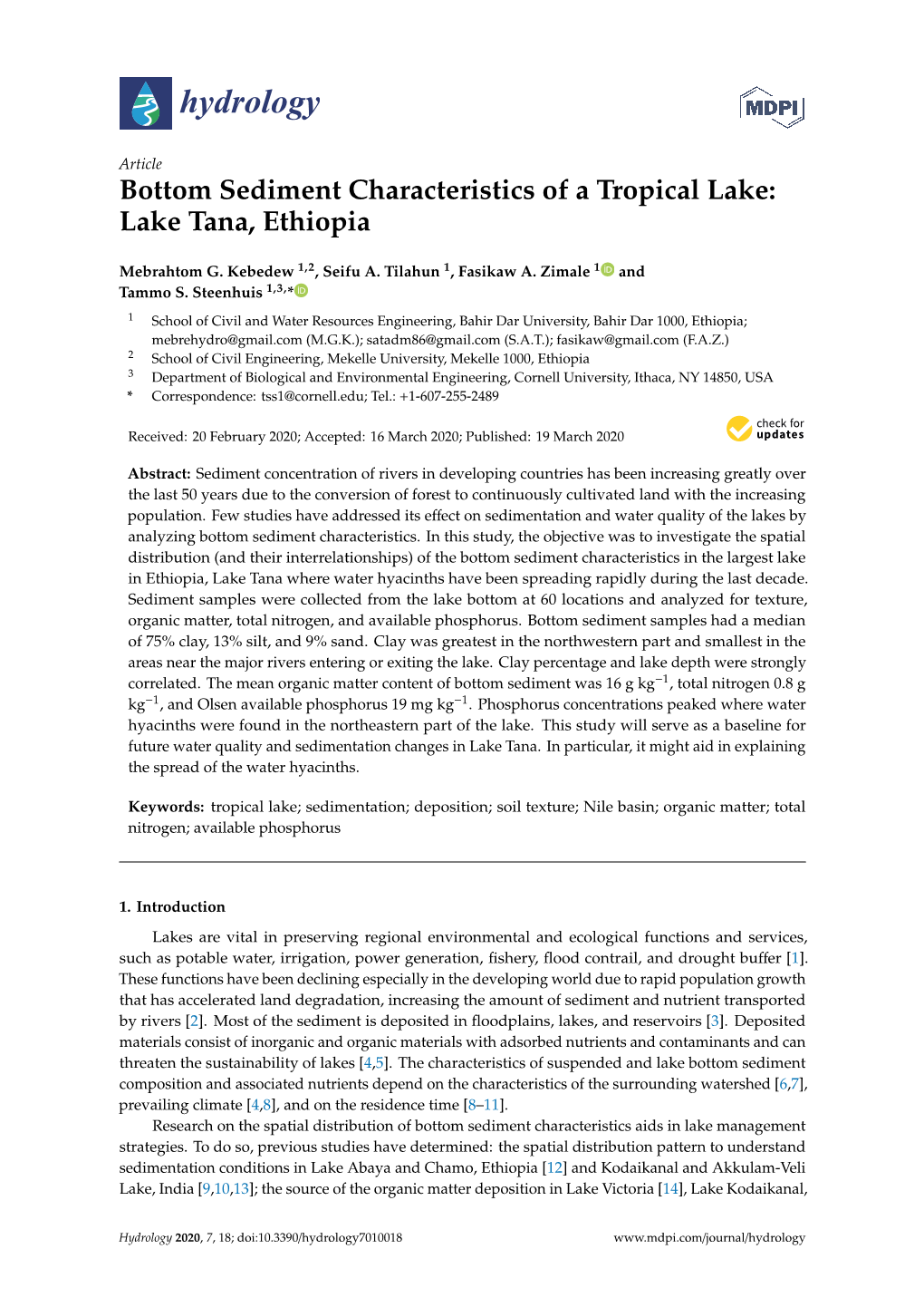 Bottom Sediment Characteristics of a Tropical Lake: Lake Tana, Ethiopia