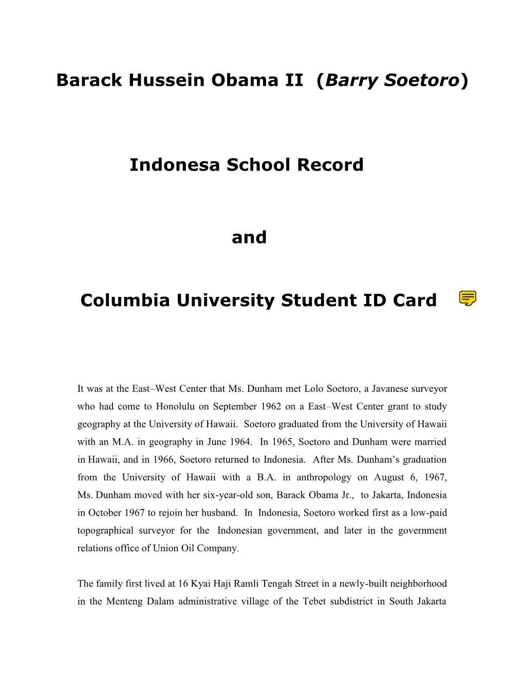 Barack Hussein Obama II (Barry Soetoro) School Records