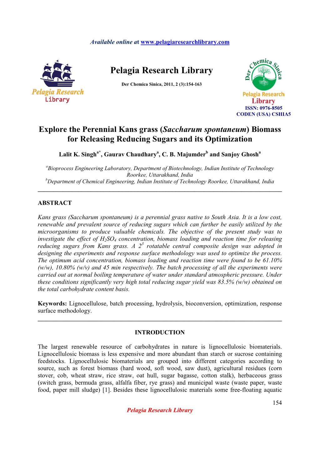 Saccharum Spontaneum ) Biomass for Releasing Reducing Sugars and Its Optimization