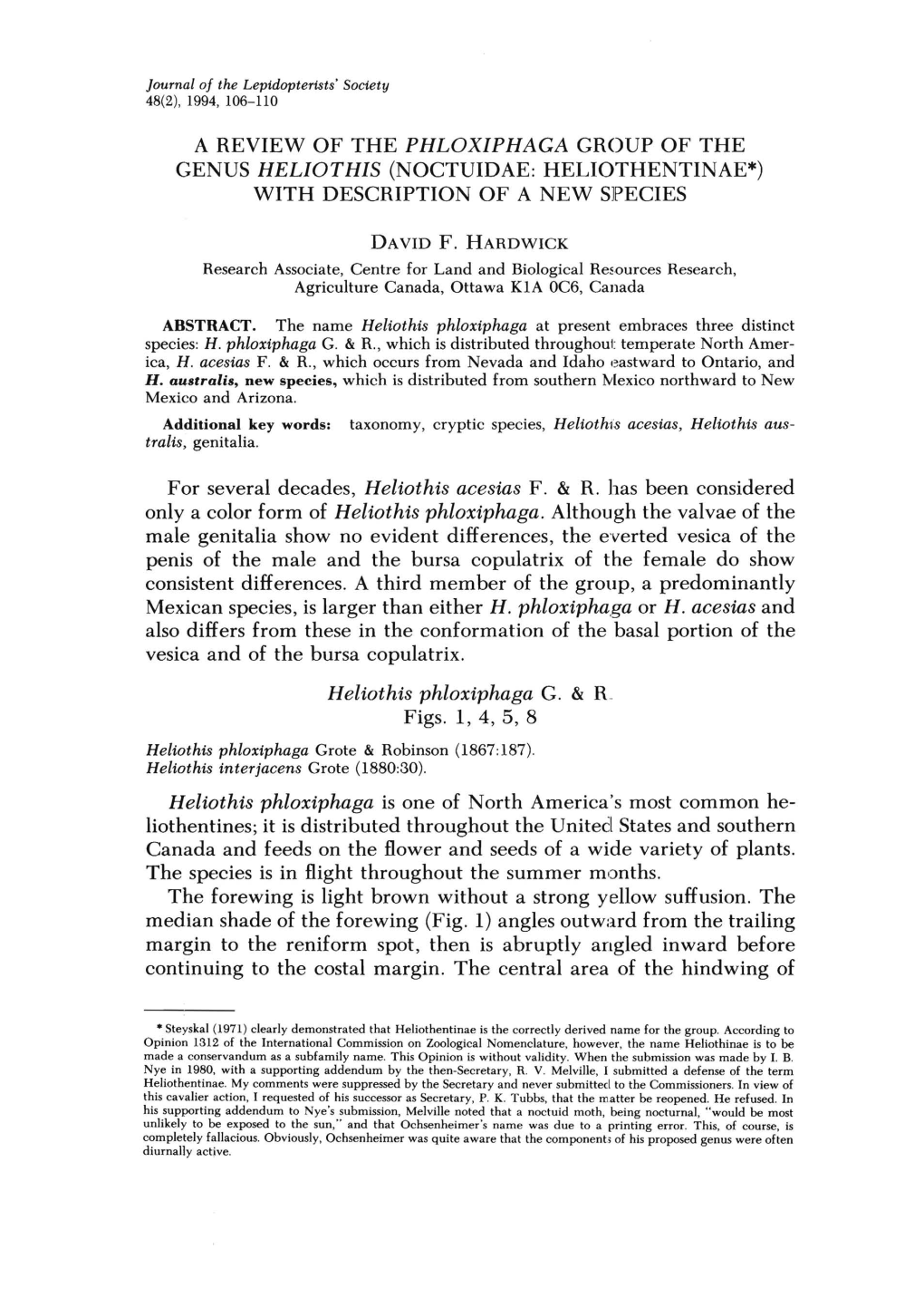 Noctuidae: Heliothentinae*) with Description of a New Species