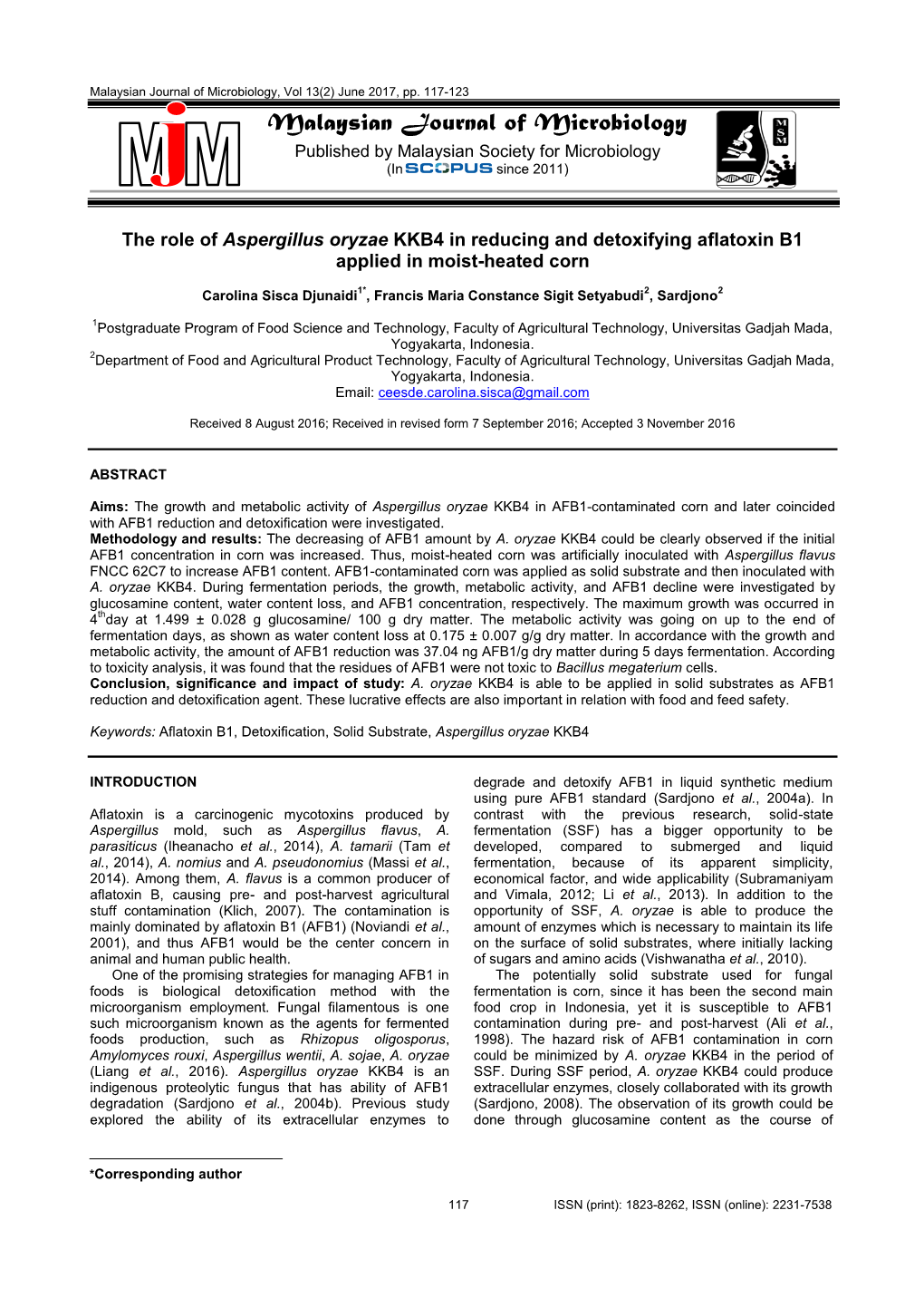 Malaysian Journal of Microbiology, Vol 13(2) June 2017, Pp