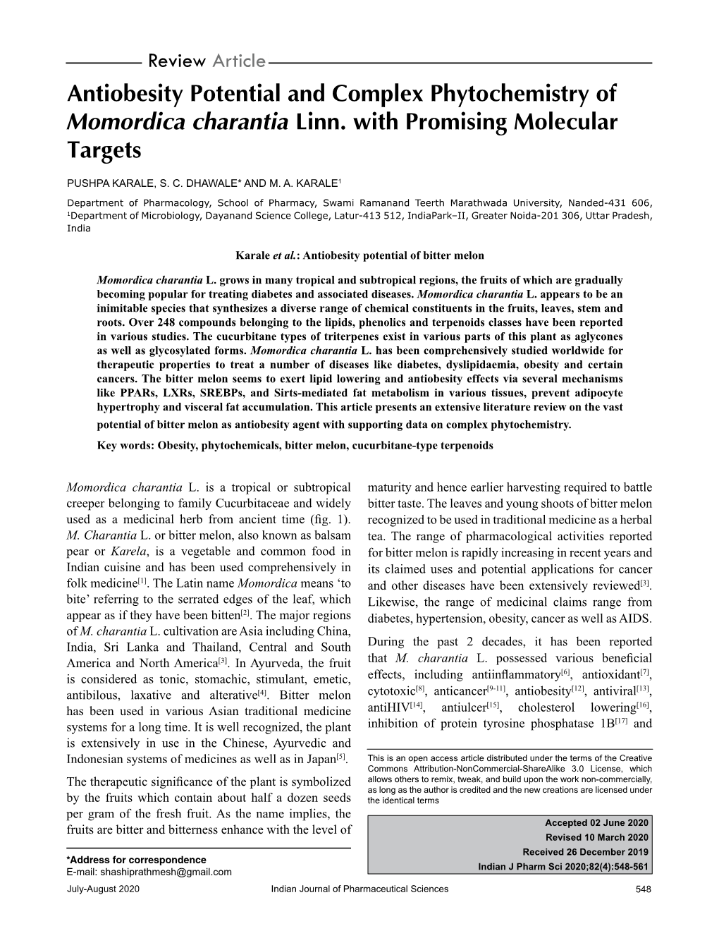 Antiobesity Potential and Complex Phytochemistry of Momordica Charantia Linn