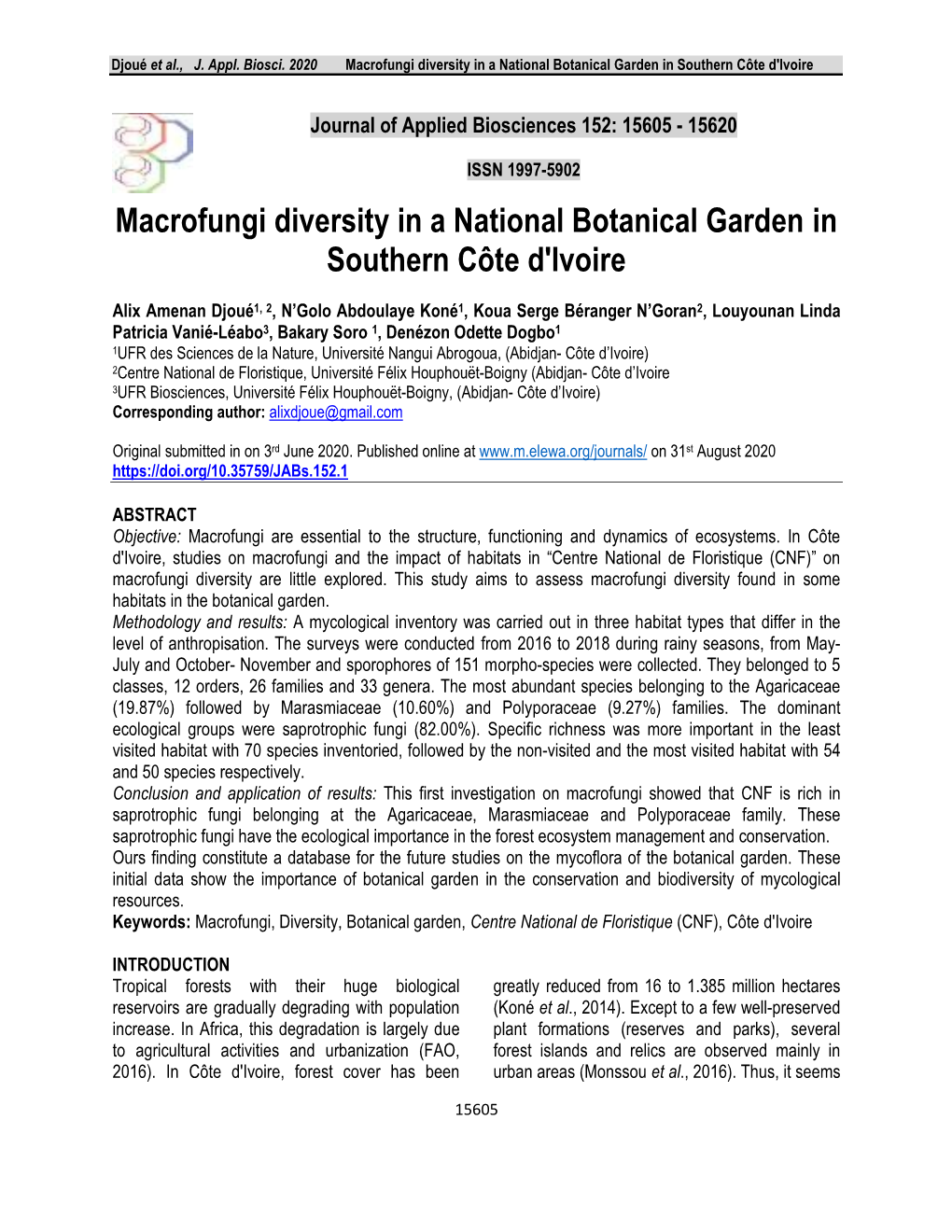 Macrofungi Diversity in a National Botanical Garden in Southern Côte D'ivoire