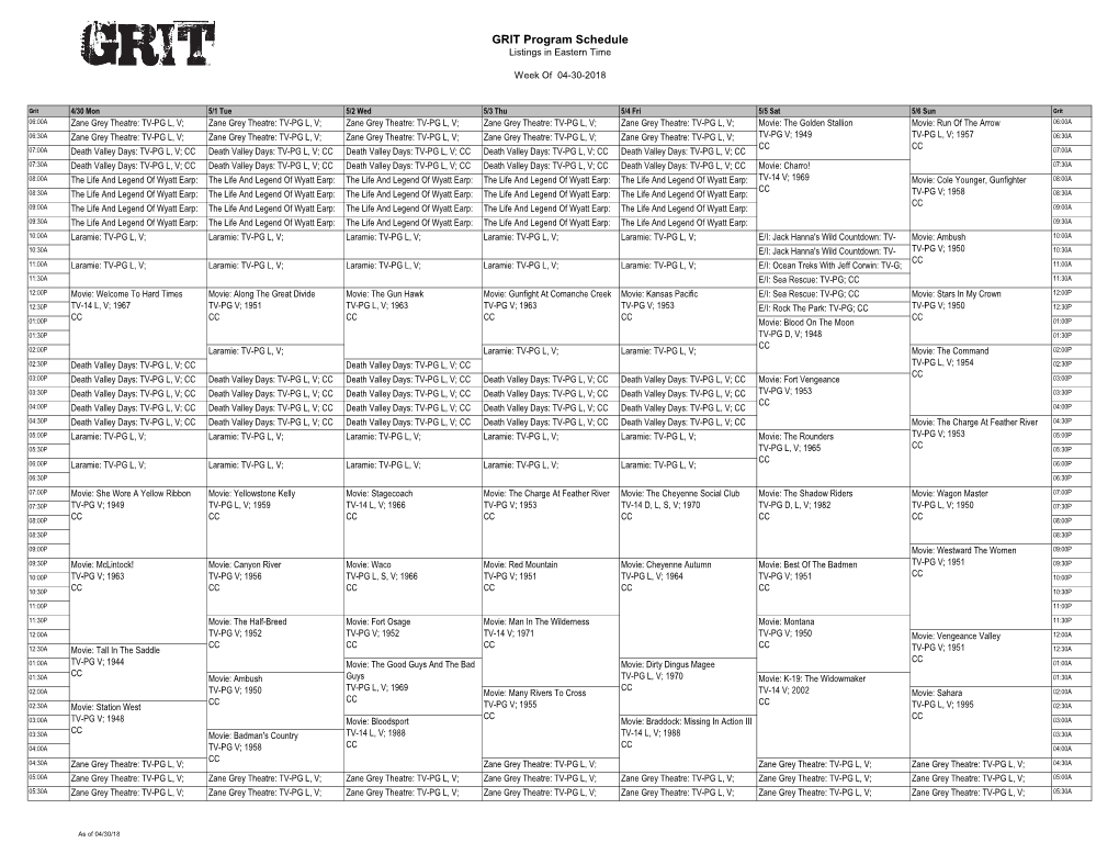 GRIT Program Schedule Listings in Eastern Time