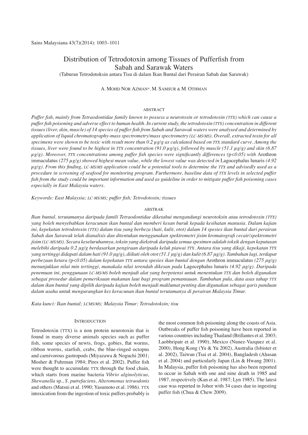 Distribution of Tetrodotoxin Among Tissues of Pufferfish from Sabah