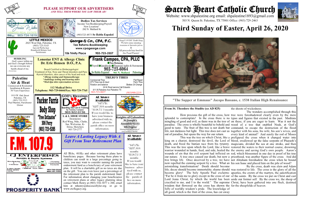 Sacred Heart Catholic Church Website: Email: Shpalestine1893@Gmail.Com