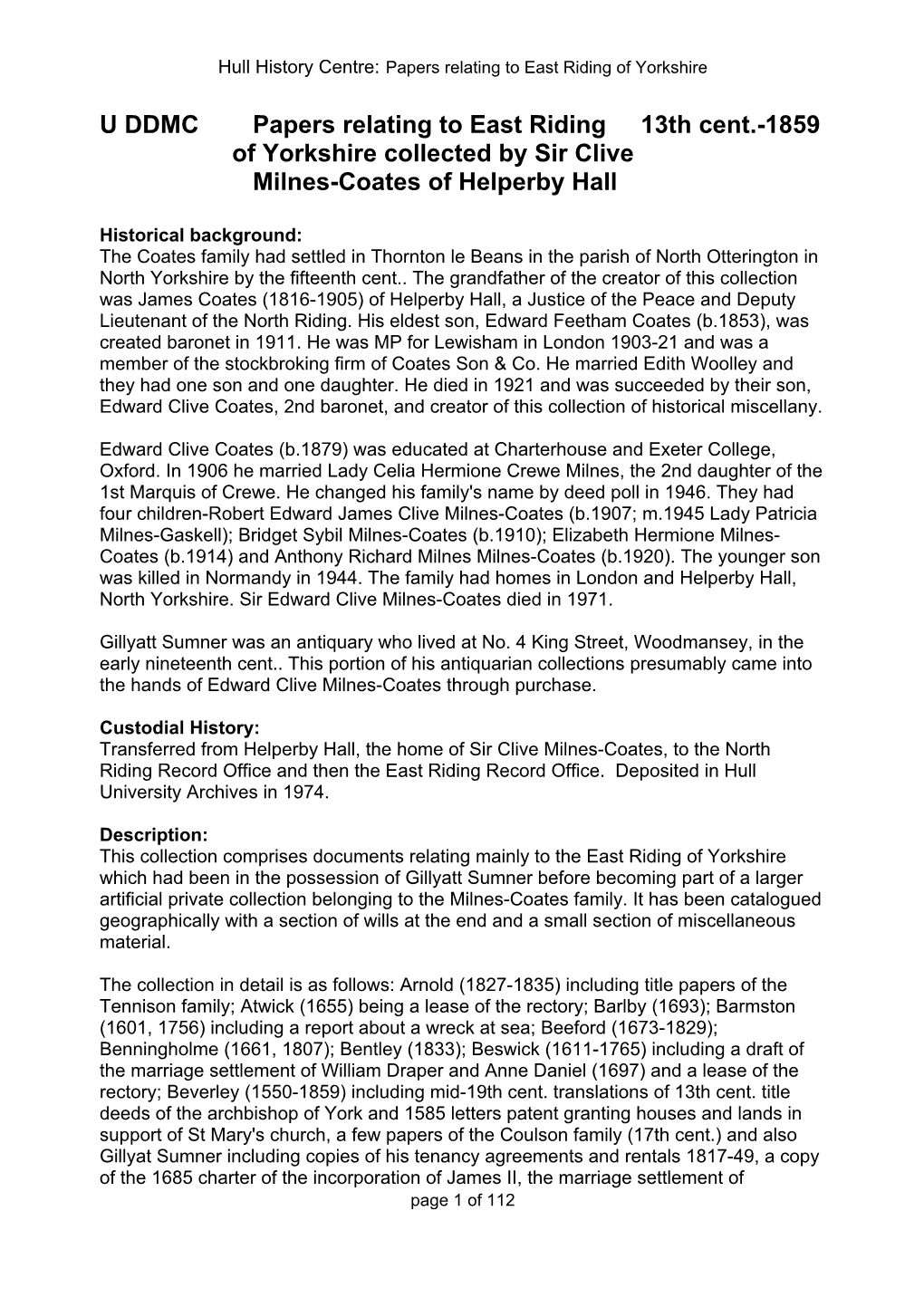 U DDMC Papers Relating to East Riding 13Th Cent.-1859 of Yorkshire Collected by Sir Clive Milnes-Coates of Helperby Hall