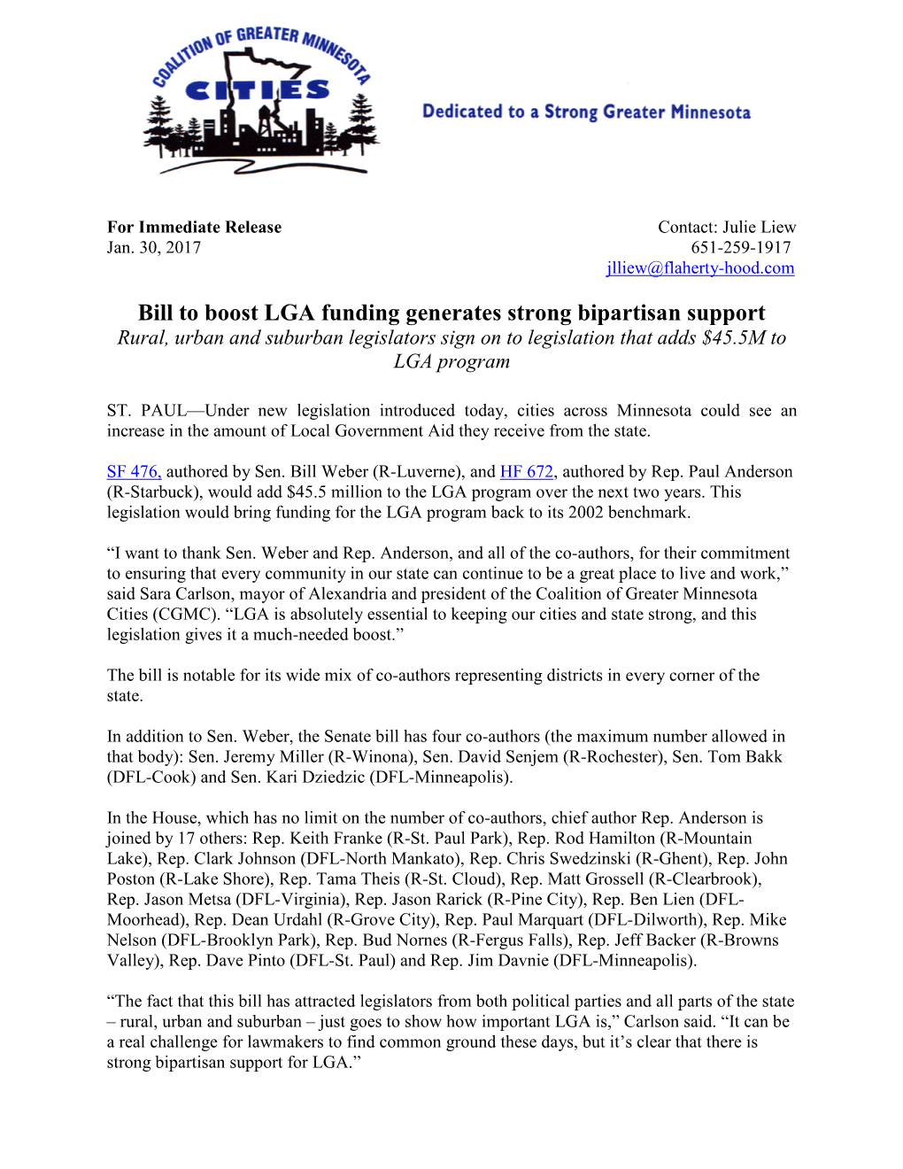 Bill to Boost LGA Funding Generates Strong Bipartisan Support Rural, Urban and Suburban Legislators Sign on to Legislation That Adds $45.5M to LGA Program