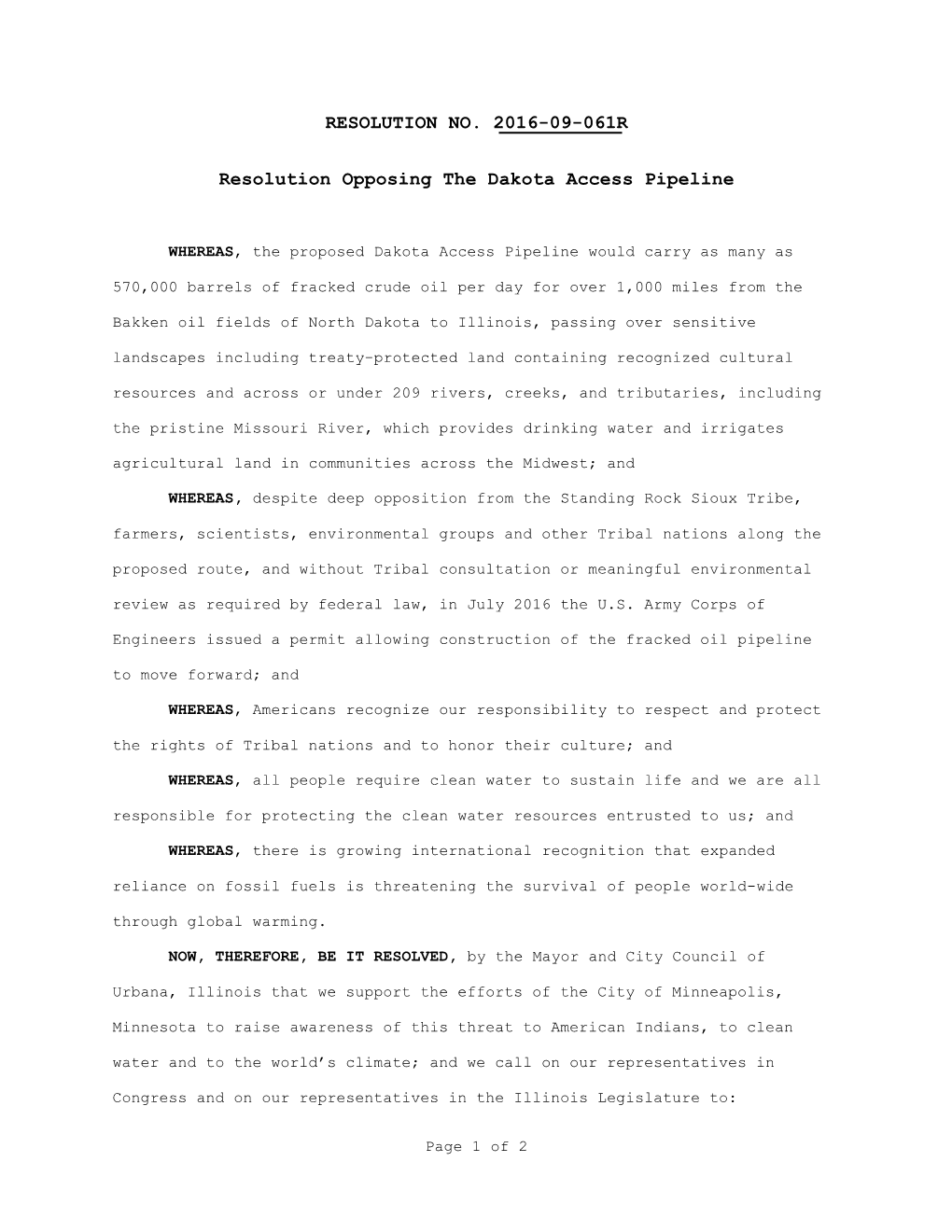 Resolution Opposing the Dakota Access Pipeline