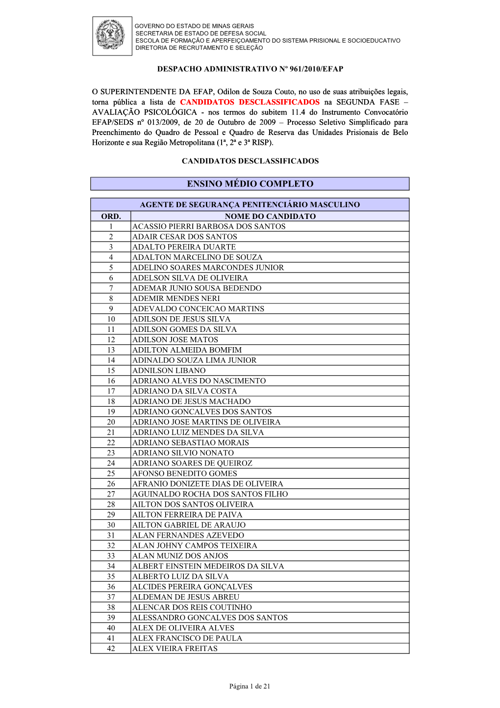 Despacho Administrativo Nº 961/2010/Efap