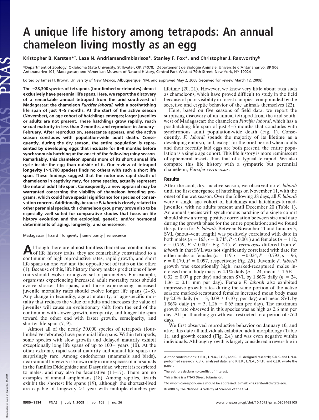 A Unique Life History Among Tetrapods: an Annual Chameleon Living Mostly As an Egg