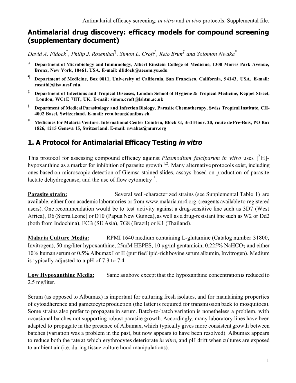 Antimalarial Drug Discovery: Efficacy Models for Compound Screening (Supplementary Document)