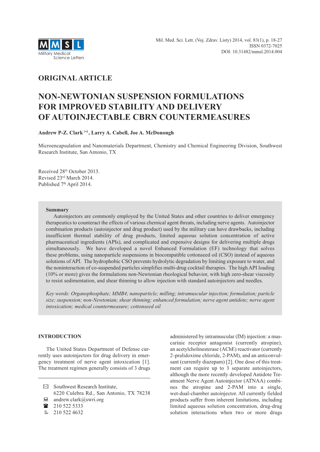 Non-Newtonian Suspension Formulations for Improved Stability and Delivery of Autoinjectable Cbrn Countermeasures