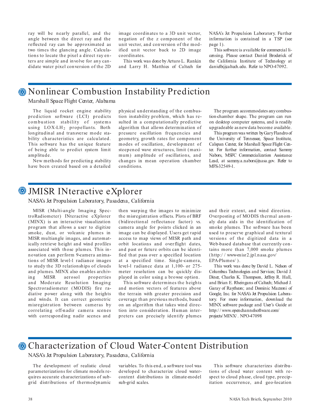 Nonlinear Combustion Instability Prediction JMISR Interactive Explorer Characterization of Cloud Water-Content Distribution