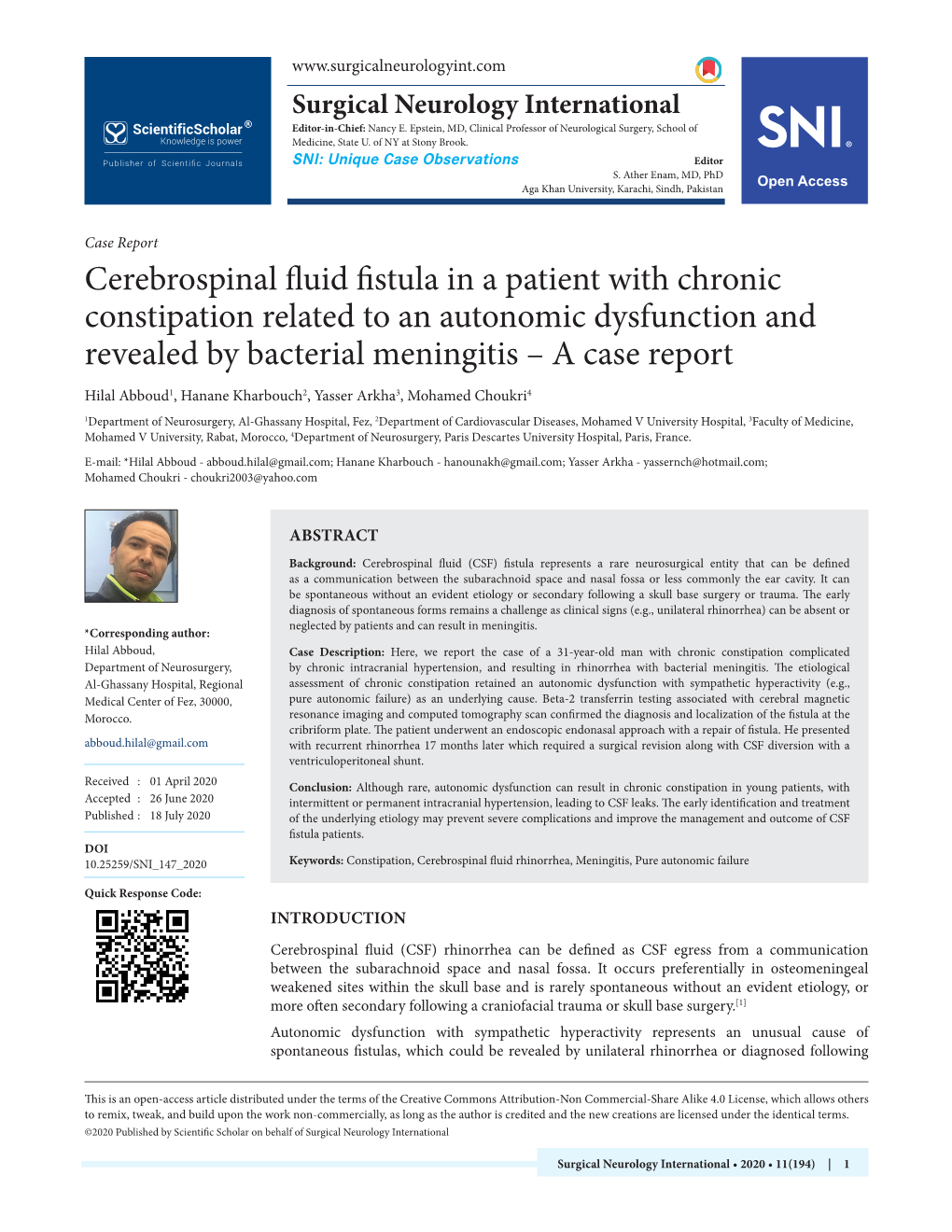 Cerebrospinal Fluid Fistula in a Patient with Chronic Constipation Related to an Autonomic Dysfunction and Revealed by Bacterial