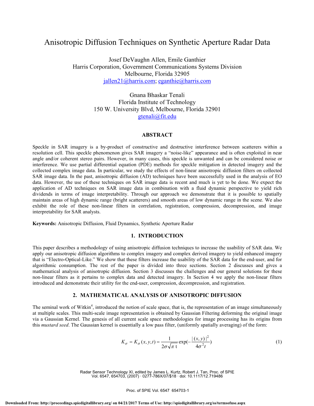 Anisotropic Diffusion Techniques on Synthetic Aperture Radar Data