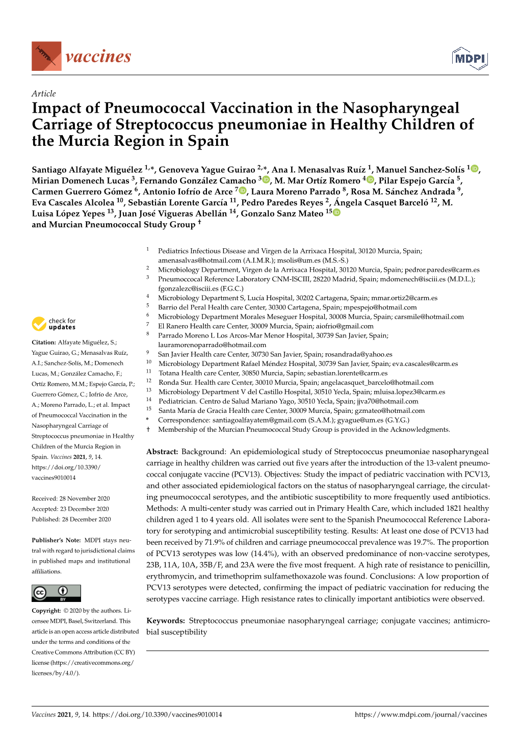 Impact of Pneumococcal Vaccination in the Nasopharyngeal Carriage of Streptococcus Pneumoniae in Healthy Children of the Murcia Region in Spain