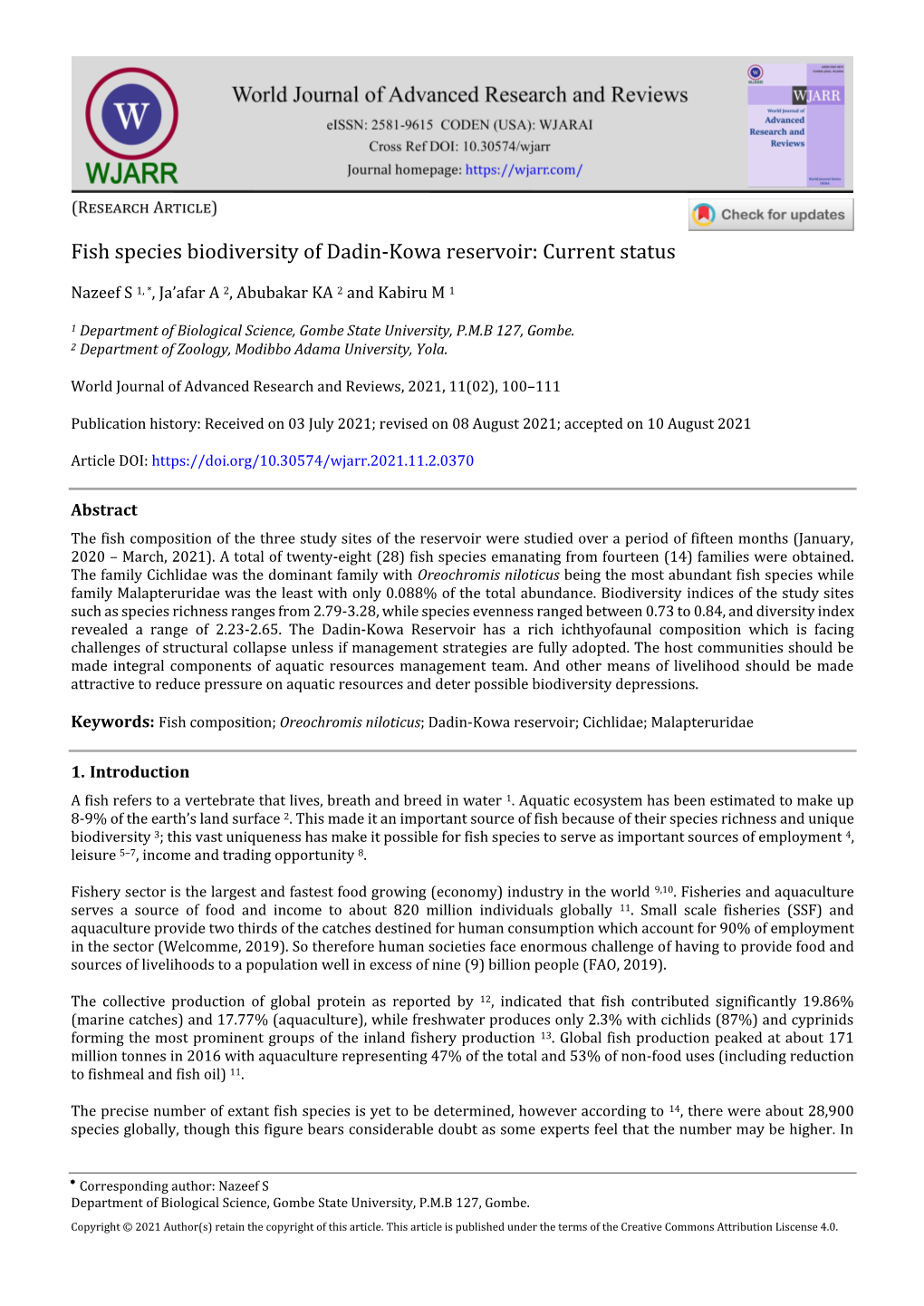 Fish Species Biodiversity of Dadin-Kowa Reservoir: Current Status