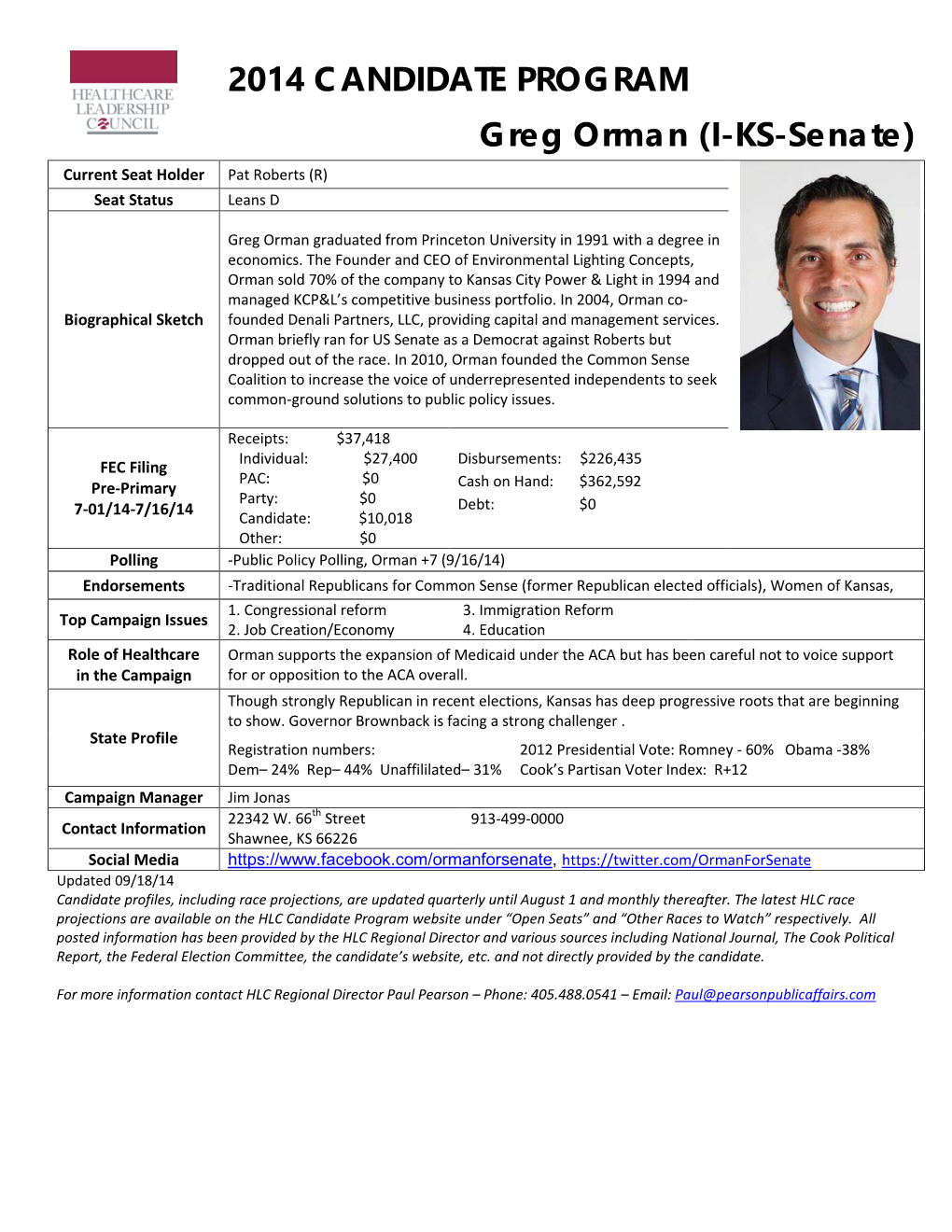 2014 CANDIDATE PROGRAM Greg Orman (I-KS-Senate)