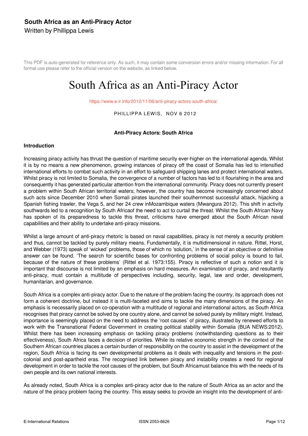 South Africa As an Anti-Piracy Actor Written by Phillippa Lewis