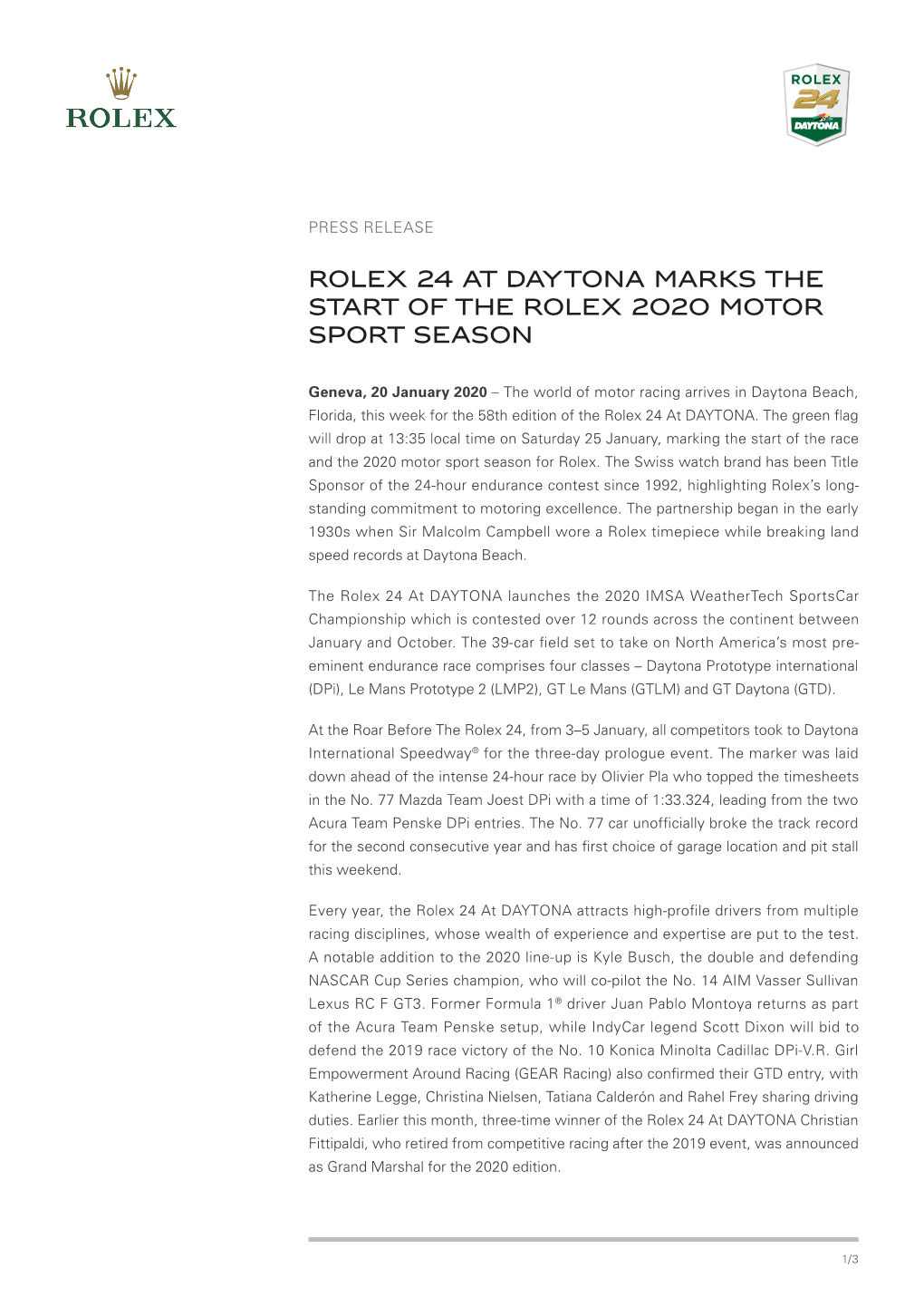 Rolex 24 at Daytona Marks the Start of the Rolex 2020 Motor Sport Season