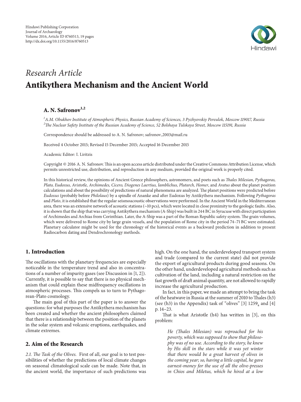 Antikythera Mechanism and the Ancient World