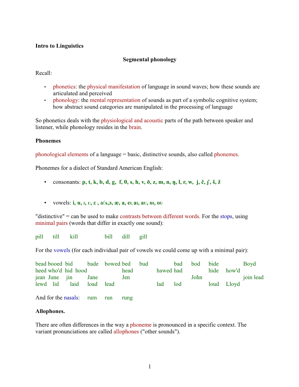 Intro to Linguistics Segmental Phonology Recall: Phonetics