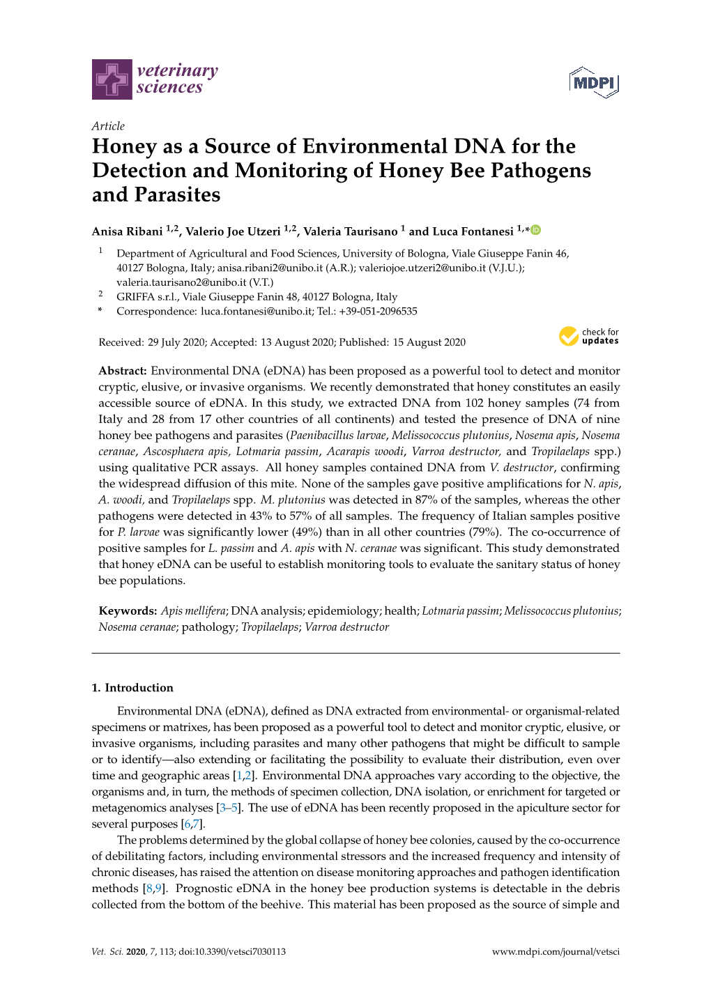 Honey As a Source of Environmental DNA for the Detection and Monitoring of Honey Bee Pathogens and Parasites