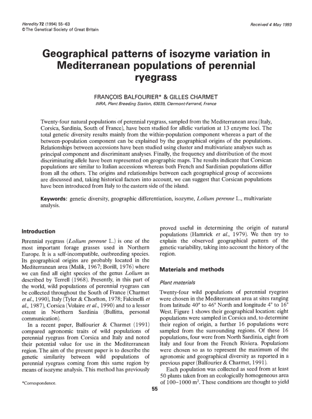 Geographical Patterns of Isozyme Variation in Mediterranean Populations of Perennial Ryegrass