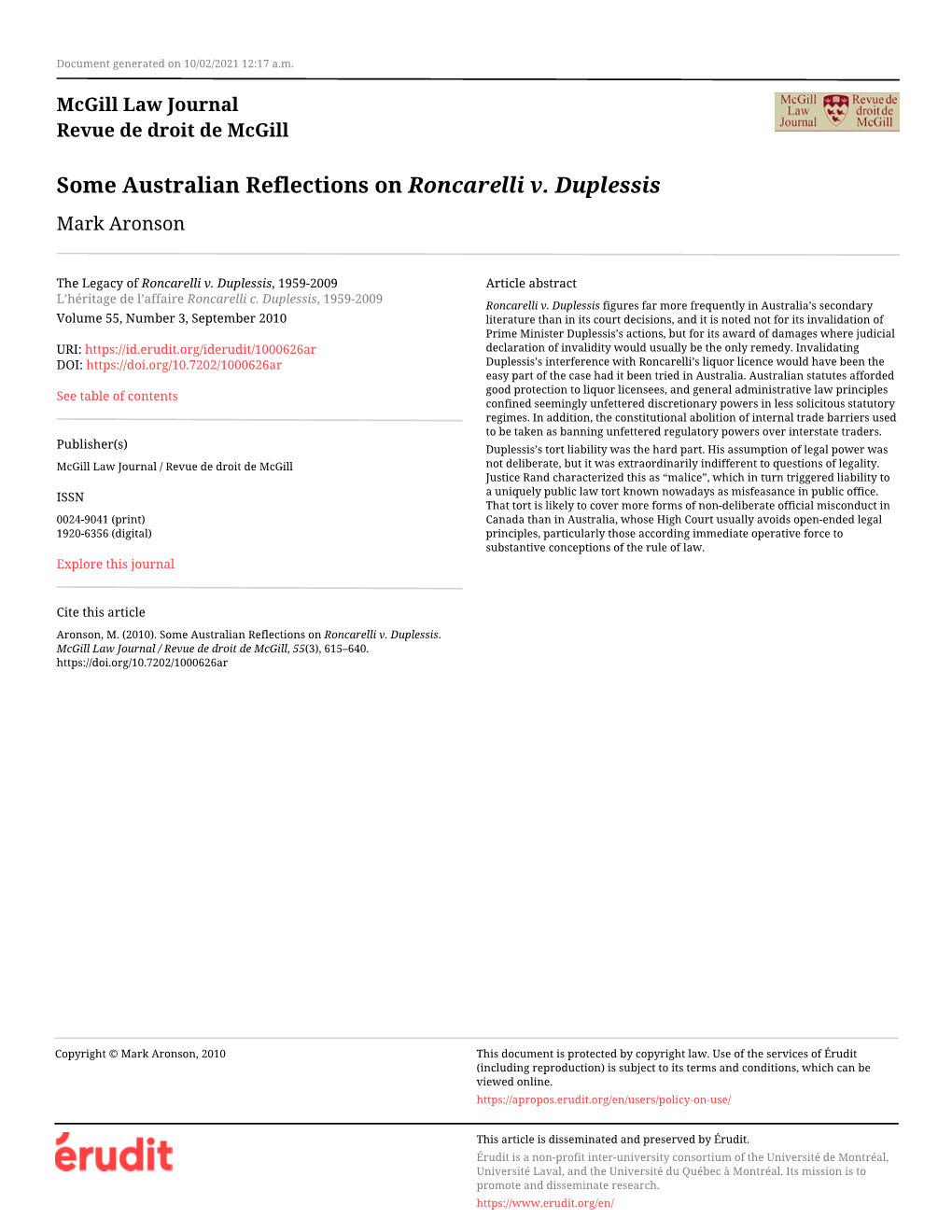 Some Australian Reflections on Roncarelli V. Duplessis Mark Aronson