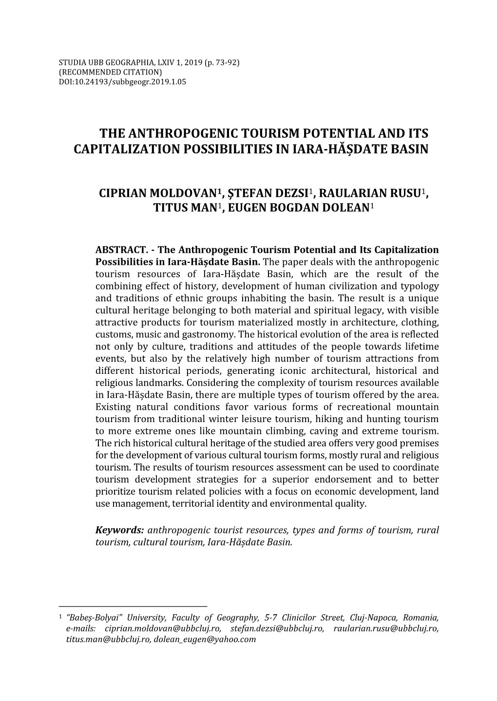 The Anthropogenic Tourism Potential and Its Capitalization Possibilities in Iara-Hășdate Basin