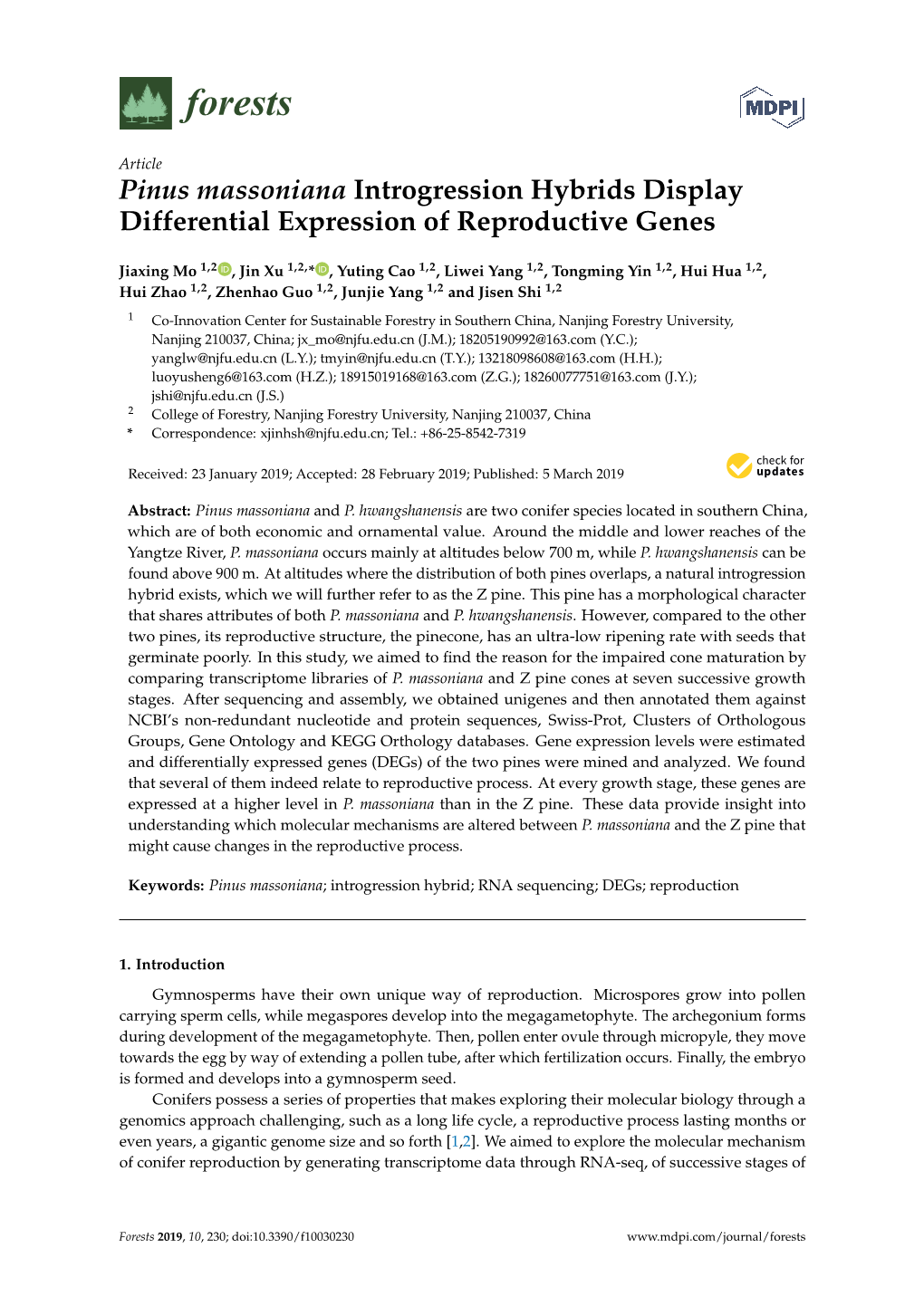 Pinus Massoniana Introgression Hybrids Display Differential Expression of Reproductive Genes