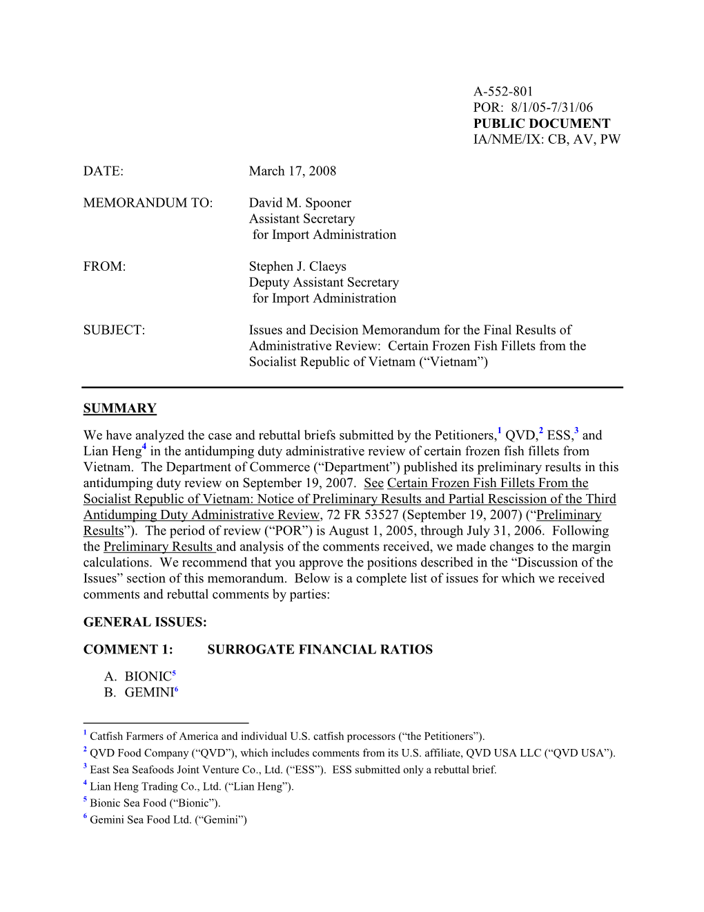 Issue & Decision Memo for Frozen Fish Fillets from Vietnam 3Rd